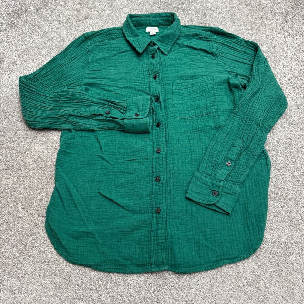J.Crew Double Gauze Button Up Shirt Womens M Green Textured Cotton Long Sleeve